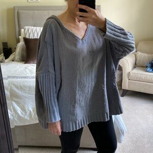Oversized V-Neck Distressed Soft Woven Sweater